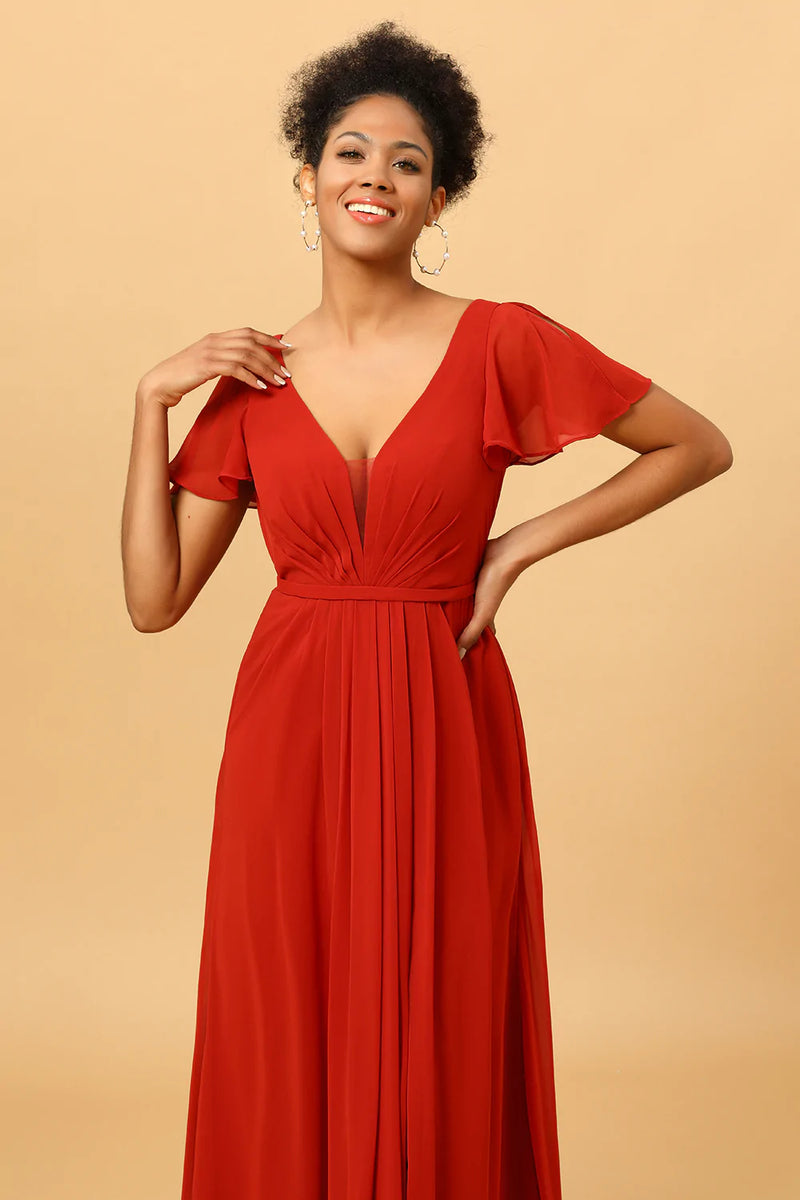 Load image into Gallery viewer, A Line V Neck Rust Long Bridesmaid Dress with Short Sleeves