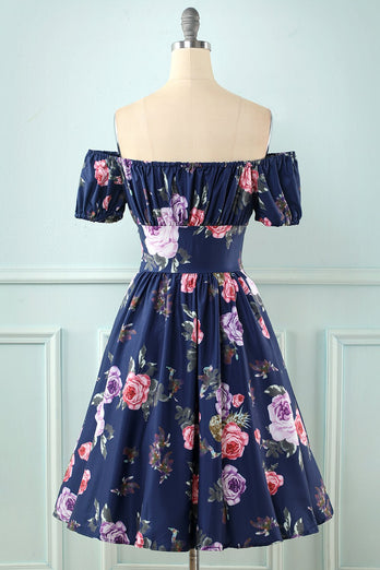 Puff Sleeves Printed Vintage Dress