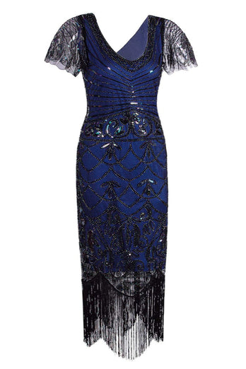 Navy Blue V Neck Sequin Fringe Flapper 1920s Dress