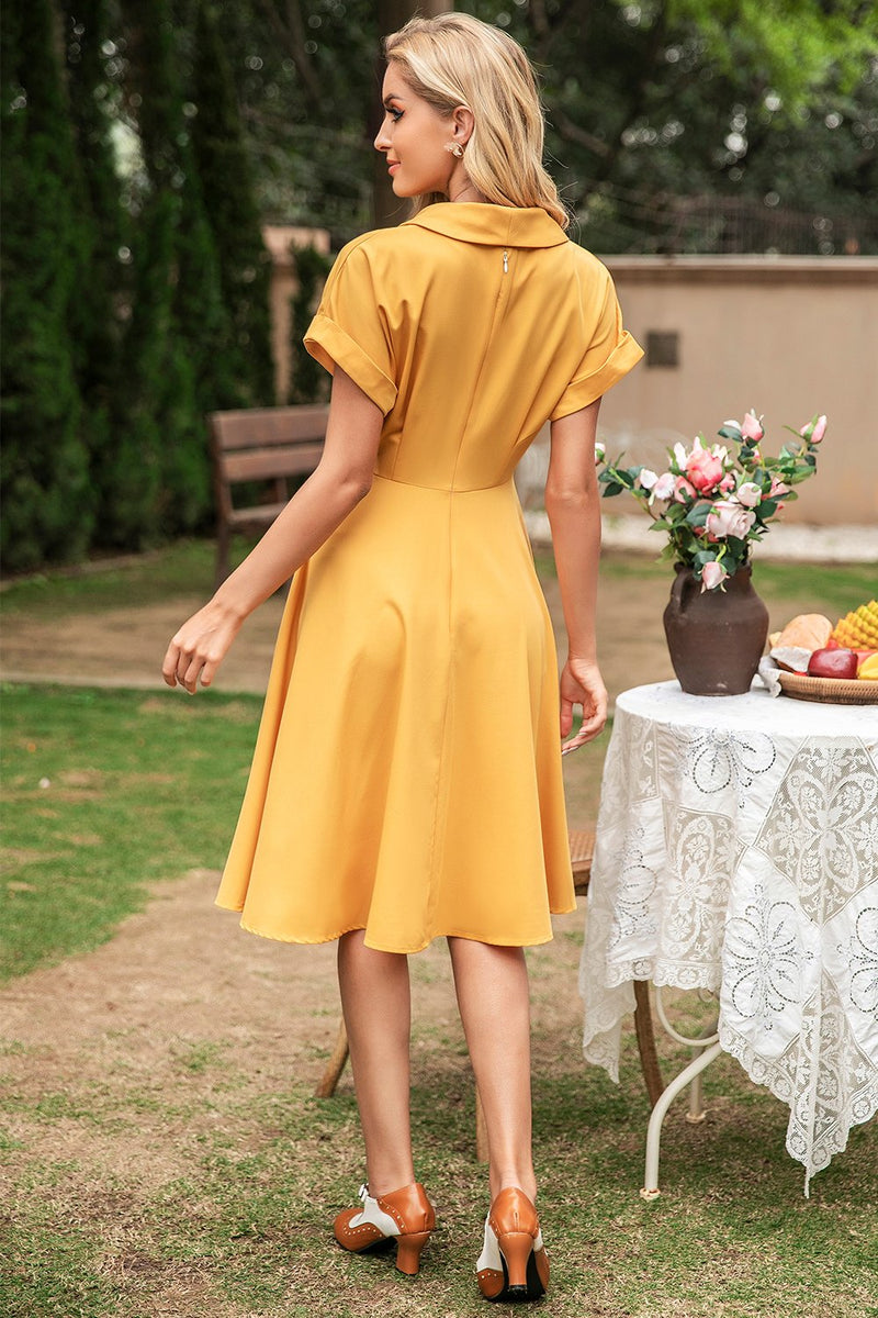 Load image into Gallery viewer, Elegant Yellow V Neck Vintage Dress