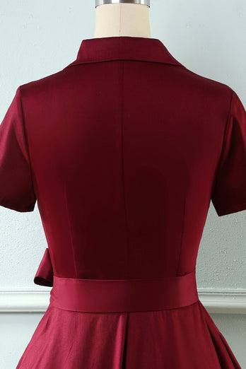 V Neck Burgundy Vintage Dress with Short Sleeves