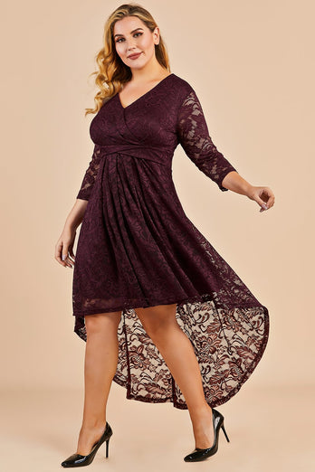 Burgundy High Low Plus Size Lace Dress