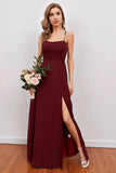 Burgundy Spaghetti Straps Long Bridesmaid Dress with Split