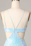 So Stunning Bodycon Spaghetti Straps Blue Sequins Short Homecoming Dress