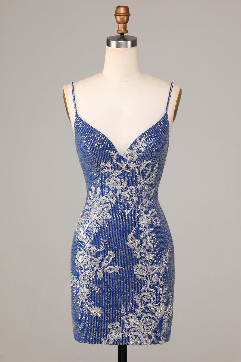 Load image into Gallery viewer, Sparkle &#39;til Dawn Sheath Spaghetti Straps Dark Blue Short Homecoming Dress with Embroidery