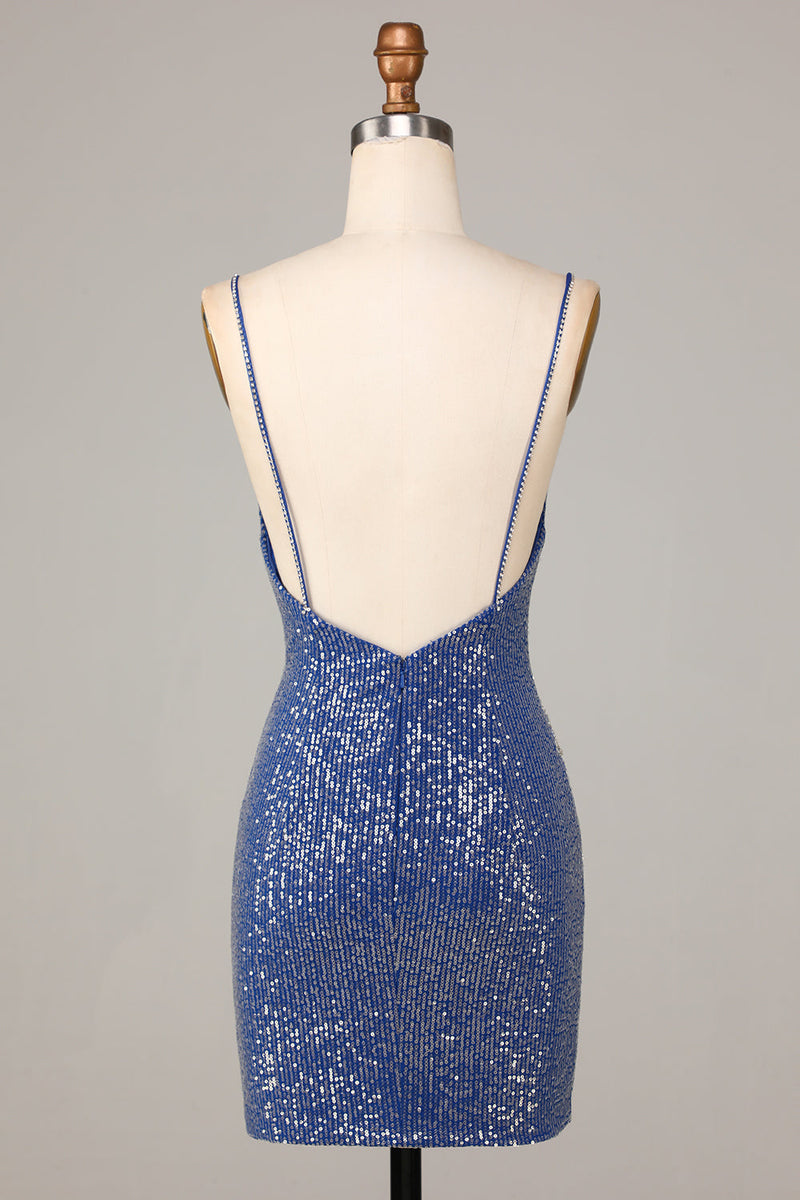 Load image into Gallery viewer, Sparkle &#39;til Dawn Sheath Spaghetti Straps Dark Blue Short Homecoming Dress with Embroidery