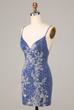 Sparkle 'til Dawn Sheath Spaghetti Straps Dark Blue Short Homecoming Dress with Embroidery