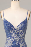 Sparkle 'til Dawn Sheath Spaghetti Straps Dark Blue Short Homecoming Dress with Embroidery