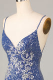 Sparkle 'til Dawn Sheath Spaghetti Straps Dark Blue Short Homecoming Dress with Embroidery