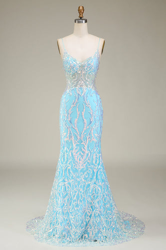 Blue Spaghetti Straps Sparkly Mermaid Prom Dress