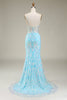 Load image into Gallery viewer, Blue Spaghetti Straps Sparkly Mermaid Prom Dress
