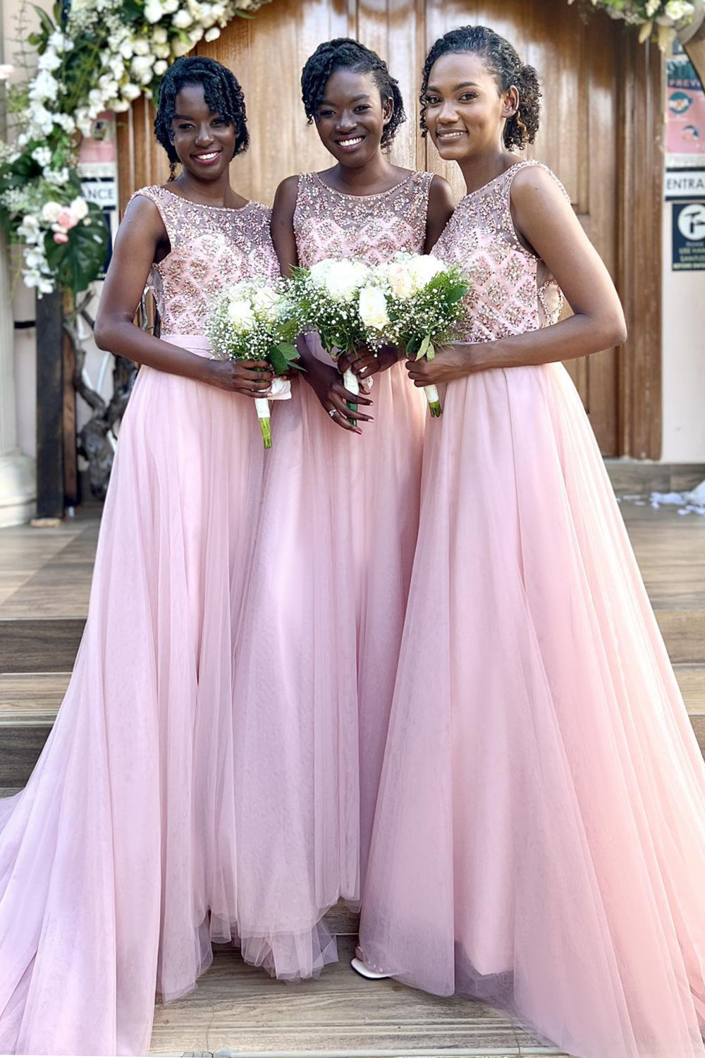 Pink Tulle Beaded A-Line Prom Dress