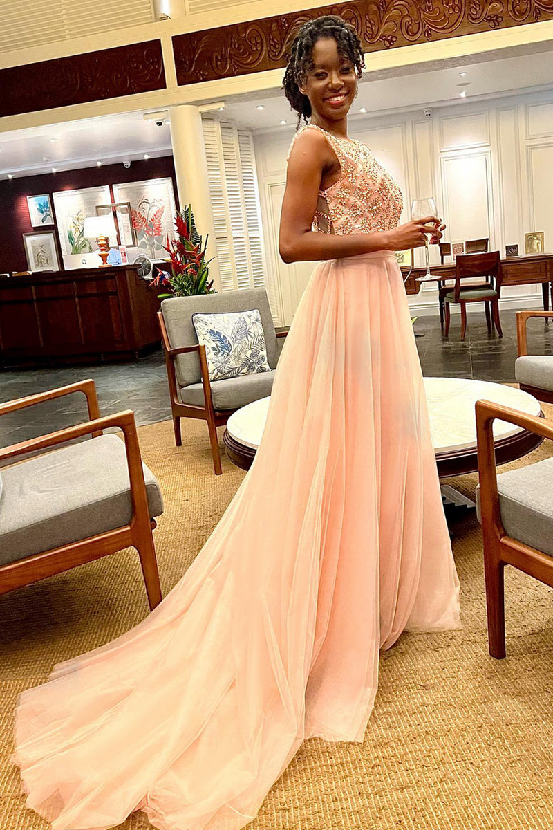 Load image into Gallery viewer, Pink Tulle Beaded A-Line Prom Dress