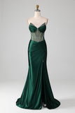 Dark Green Strapless Corset Mermaid Pleated Prom Dress