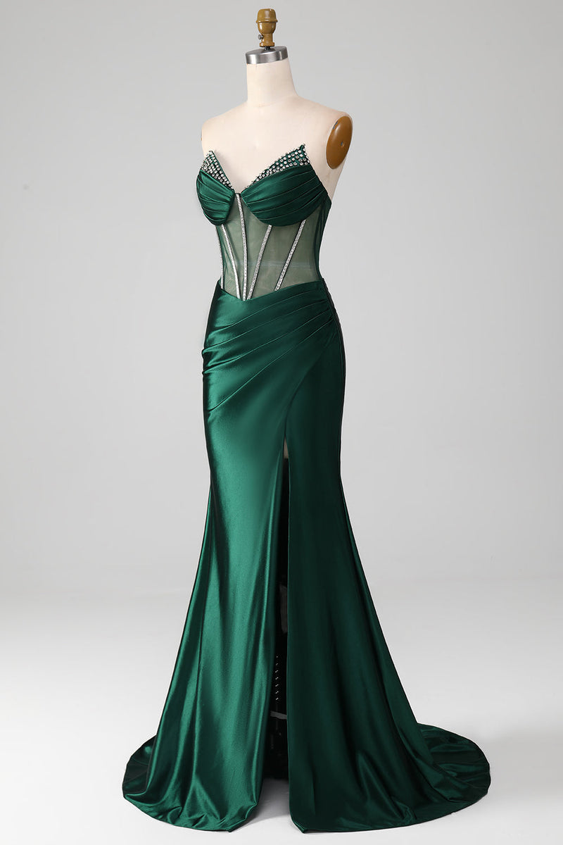 Load image into Gallery viewer, Dark Green Strapless Corset Mermaid Pleated Prom Dress