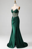 Dark Green Strapless Corset Mermaid Pleated Prom Dress