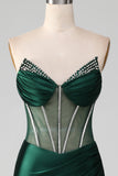 Dark Green Strapless Corset Mermaid Pleated Prom Dress