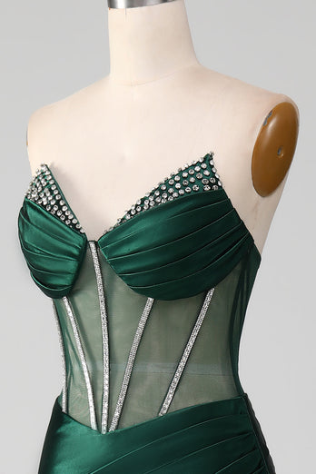 Dark Green Strapless Corset Mermaid Pleated Prom Dress