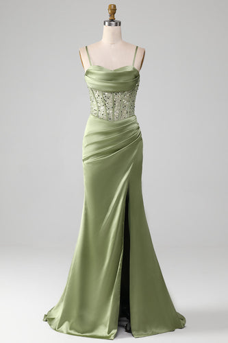 Sage Green Spaghetti Straps Satin Pleated Mermaid Corset Prom Dress