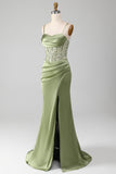 Sage Green Spaghetti Straps Satin Pleated Mermaid Corset Prom Dress