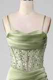 Sage Green Spaghetti Straps Satin Pleated Mermaid Corset Prom Dress