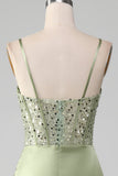 Sage Green Spaghetti Straps Satin Pleated Mermaid Corset Prom Dress