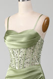 Sage Green Spaghetti Straps Satin Pleated Mermaid Corset Prom Dress