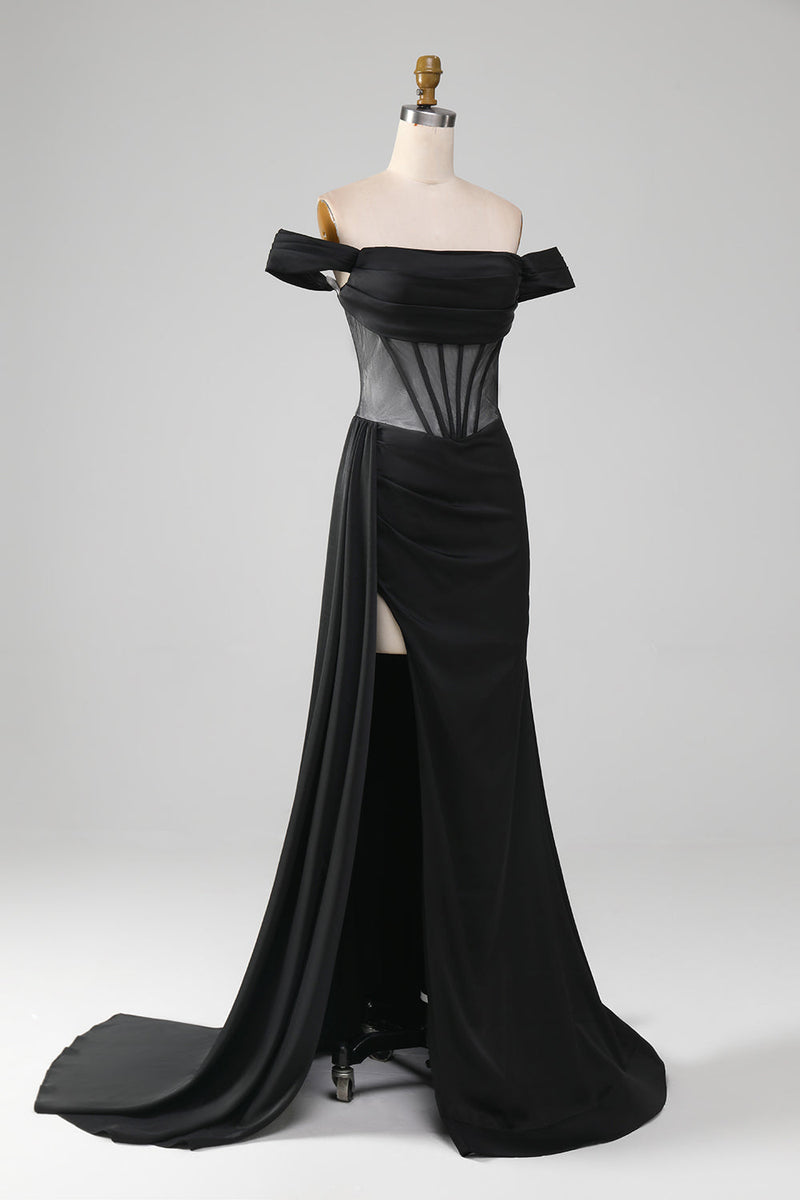 Load image into Gallery viewer, Black Off the Shoulder Satin Corset Mermaid Prom Dress with Slit