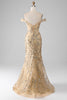 Load image into Gallery viewer, Mermaid Off The Shoulder Golden Long Beaded Prom Dress with Slit