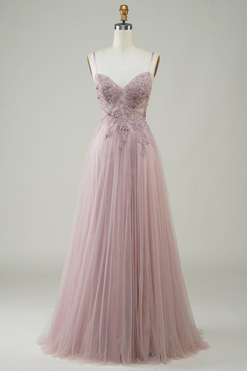 Load image into Gallery viewer, Sparkly Blush A-Line Tulle Long Prom Dress with Lace