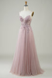 Sparkly Blush A-Line Tulle Long Prom Dress with Lace