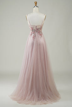 Blush Corset A-Line Long Prom Dress with Flowers