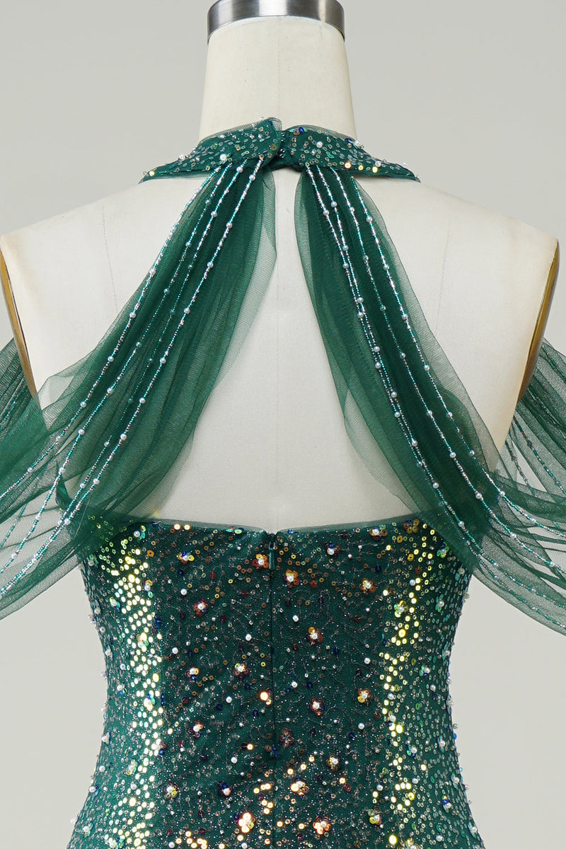 Load image into Gallery viewer, Sparkly Dark Green Sequin Mermaid Long Prom Dress