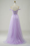 Purple Corset A-Line Long Tulle Prom Dress with Lace