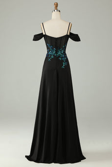 Cold Shoulder Black Sequins Corset Long Prom Dress