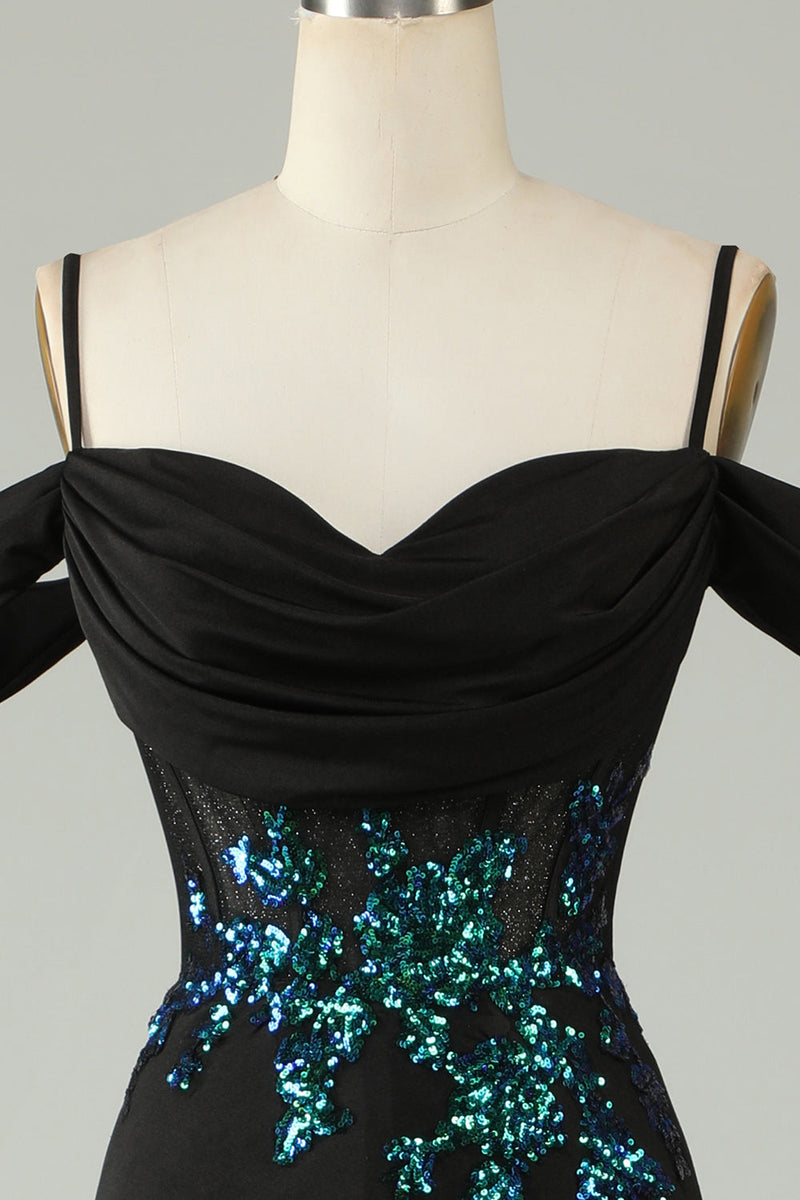 Load image into Gallery viewer, Cold Shoulder Black Sequins Corset Long Prom Dress