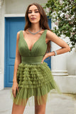 A Line Deep V Neck Green Short Graduation Dress with Ruffles