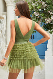 A Line Deep V Neck Green Short Graduation Dress with Ruffles