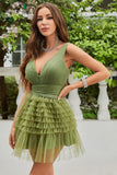 A Line Deep V Neck Green Short Graduation Dress with Ruffles