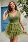 A Line Deep V Neck Green Short Graduation Dress with Ruffles