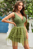 A Line Deep V Neck Green Short Graduation Dress with Ruffles