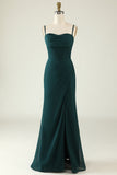 Dark Green Spaghetti Straps Wedding Guest Dress with Slit