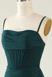 Sheath Spaghetti Straps Dark Green Long Wedding Guest Dress with Split Front