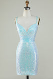 Bling Sheath Spaghetti Straps Light Blue Sequins Short Graduation Dress with Criss Cross Back