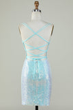 Bling Sheath Spaghetti Straps Light Blue Sequins Short Graduation Dress with Criss Cross Back