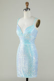 Bling Sheath Spaghetti Straps Light Blue Sequins Short Graduation Dress with Criss Cross Back