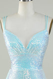 Bling Sheath Spaghetti Straps Light Blue Sequins Short Graduation Dress with Criss Cross Back