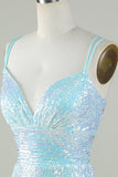 Bling Sheath Spaghetti Straps Light Blue Sequins Short Graduation Dress with Criss Cross Back