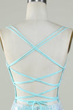 Bling Sheath Spaghetti Straps Light Blue Sequins Short Graduation Dress with Criss Cross Back