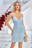 Light Blue Sparkly Tight Graduation Dress with Lace-up Back